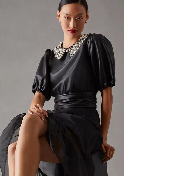 Anthropologie Tops - Anthropologie Maeve Faux Leather Puff-Sleeve Blouse XL new Embellished collar